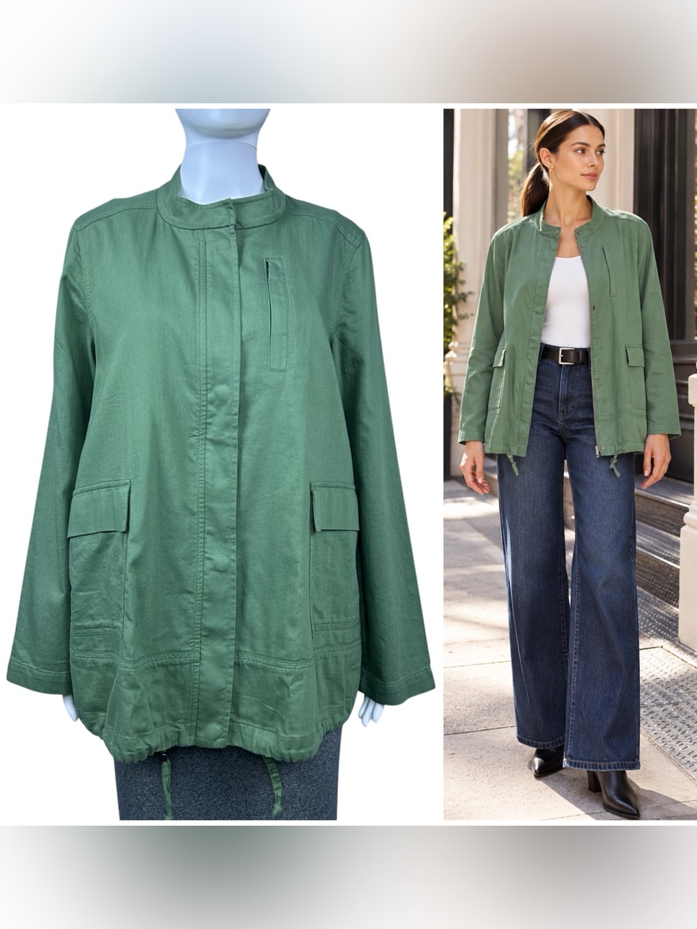 Eileen Fisher Nori Organic Cotton Twill Utility Jacket M Stand Collar Grunge